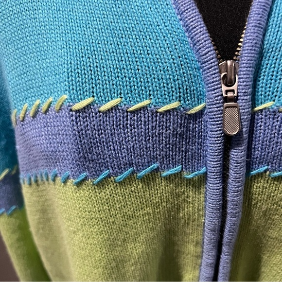 Stitches in Time Blue and Green Cardigan Sweater with Stitch detail Size Large - Picture 2 of 8
